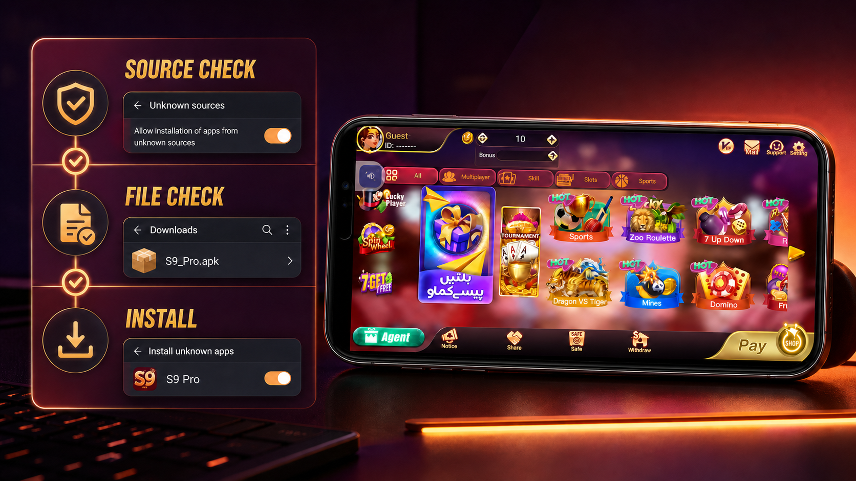 S9 Pro lobby shown beside source, file and install checkpoints in a practical phone mockup